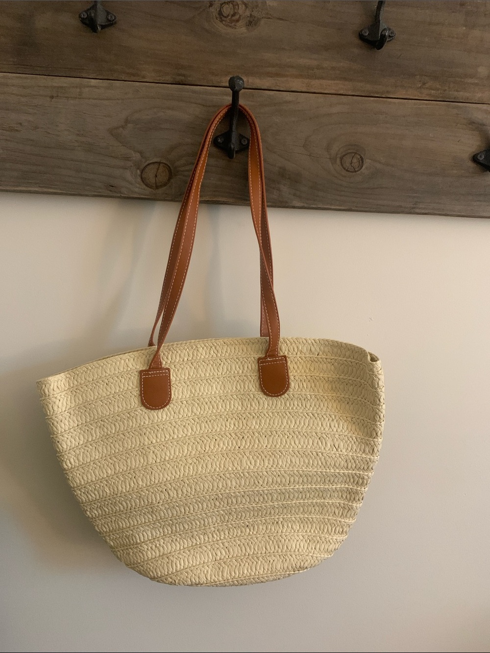 Woven Straw Tote Bag with Tan Leather Handles